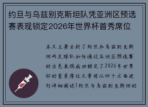 约旦与乌兹别克斯坦队凭亚洲区预选赛表现锁定2026年世界杯首秀席位 约旦与乌兹别克斯坦队凭亚洲区预选赛表现锁定2026年世界杯首秀席位